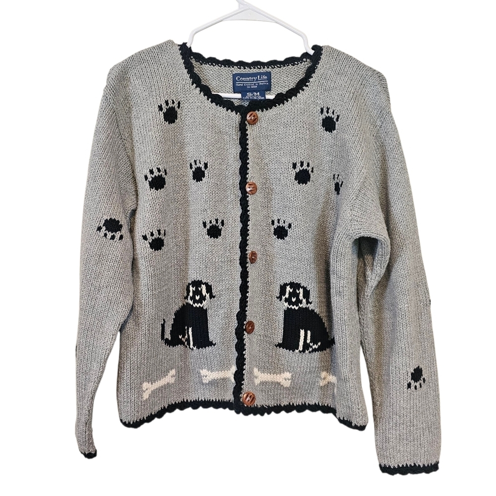 Vintage Knit Novelty Dog Button Down Cardigan Sweater Crochet Scalloped